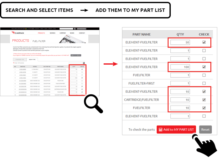 Search and select items → Add them to MY PART LIST