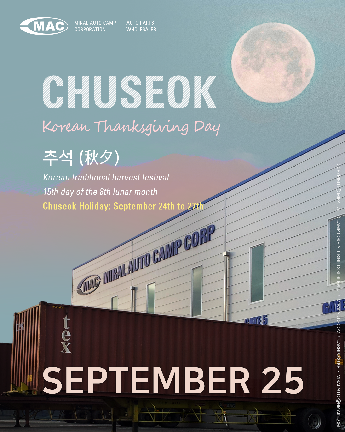 Holiday Notice: Chuseok (Korean Thanksgiving) - Miral Auto Camp Corp